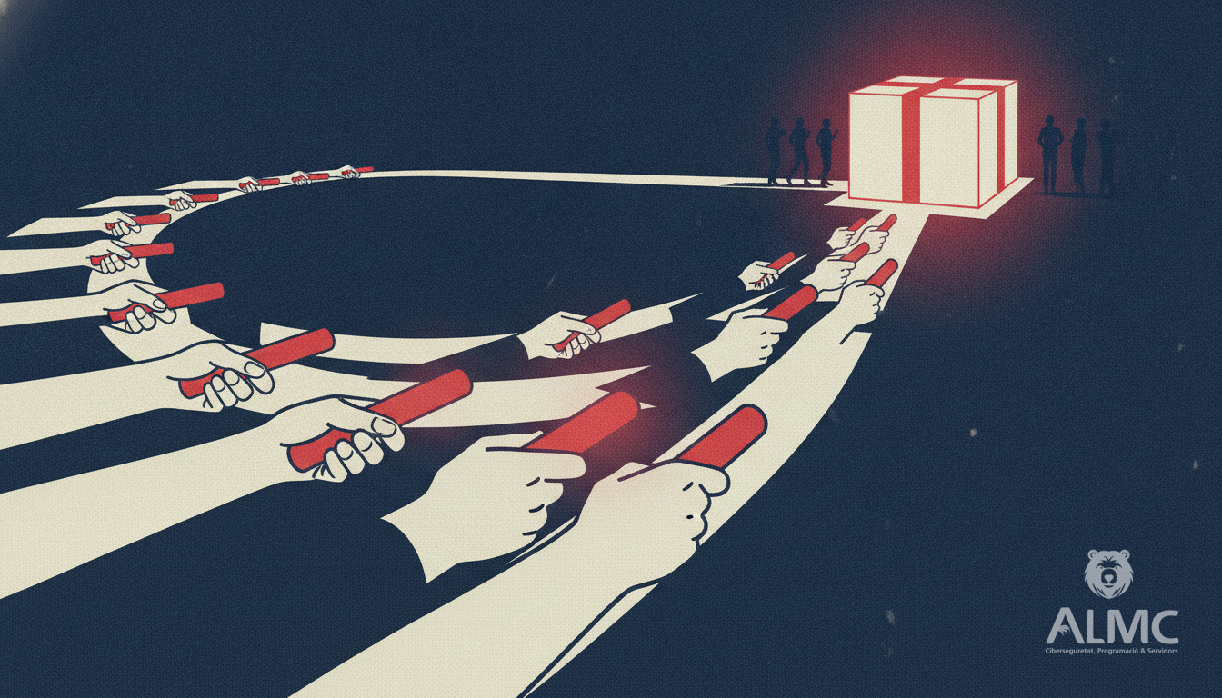 Relay baton passing between many hands along a winding track ending at a single parcel, illustrating affiliate contribution in ecommerce