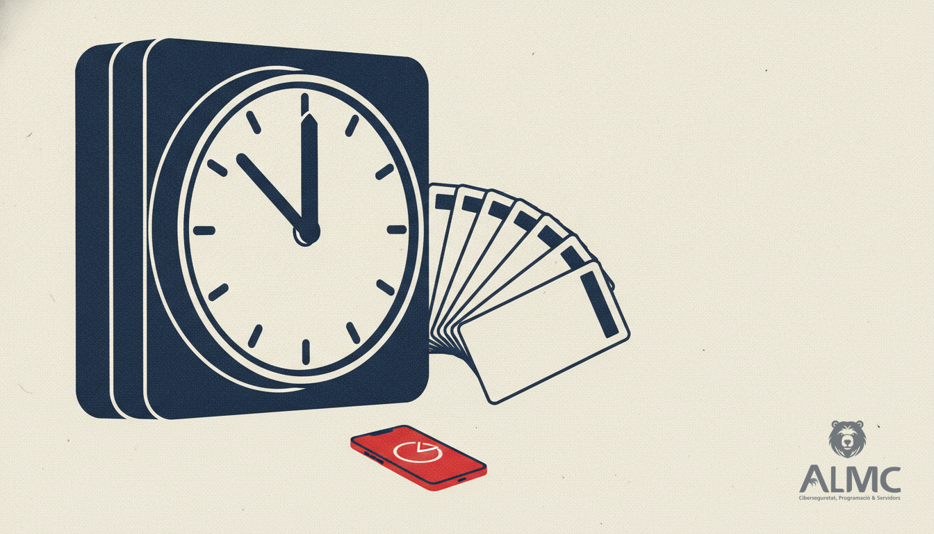 Reloj de fichaje junto a tarjetas de registro horario y un móvil con una app de control de jornada