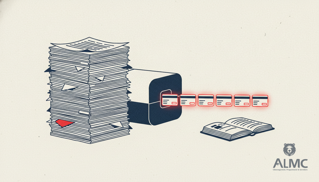 Paper invoices passing through a scanner and emerging as structured digital data ready for accounting