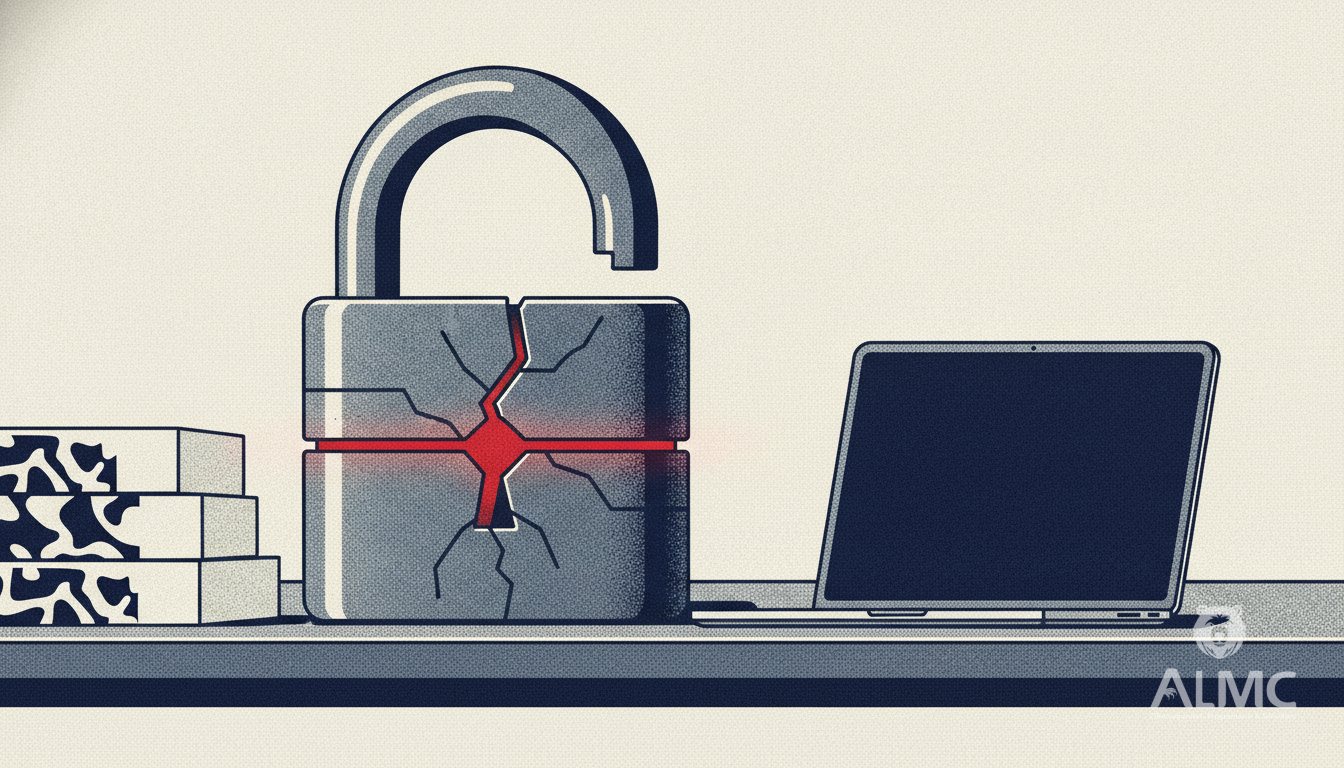 Cracked padlock next to a laptop on an office desk, representing an exploited Windows Shell command injection flaw