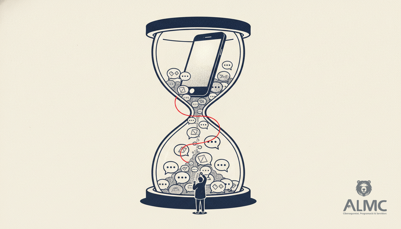 Reloj de arena con un móvil en la parte superior y burbujas de chat cayendo como arena.