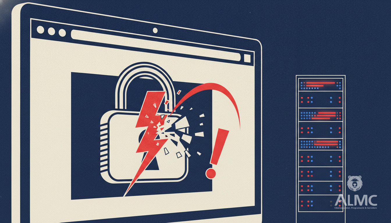 Pantalla de ordenador con candado roto y servidores al fondo, simbolizando vulnerabilidad y protección
