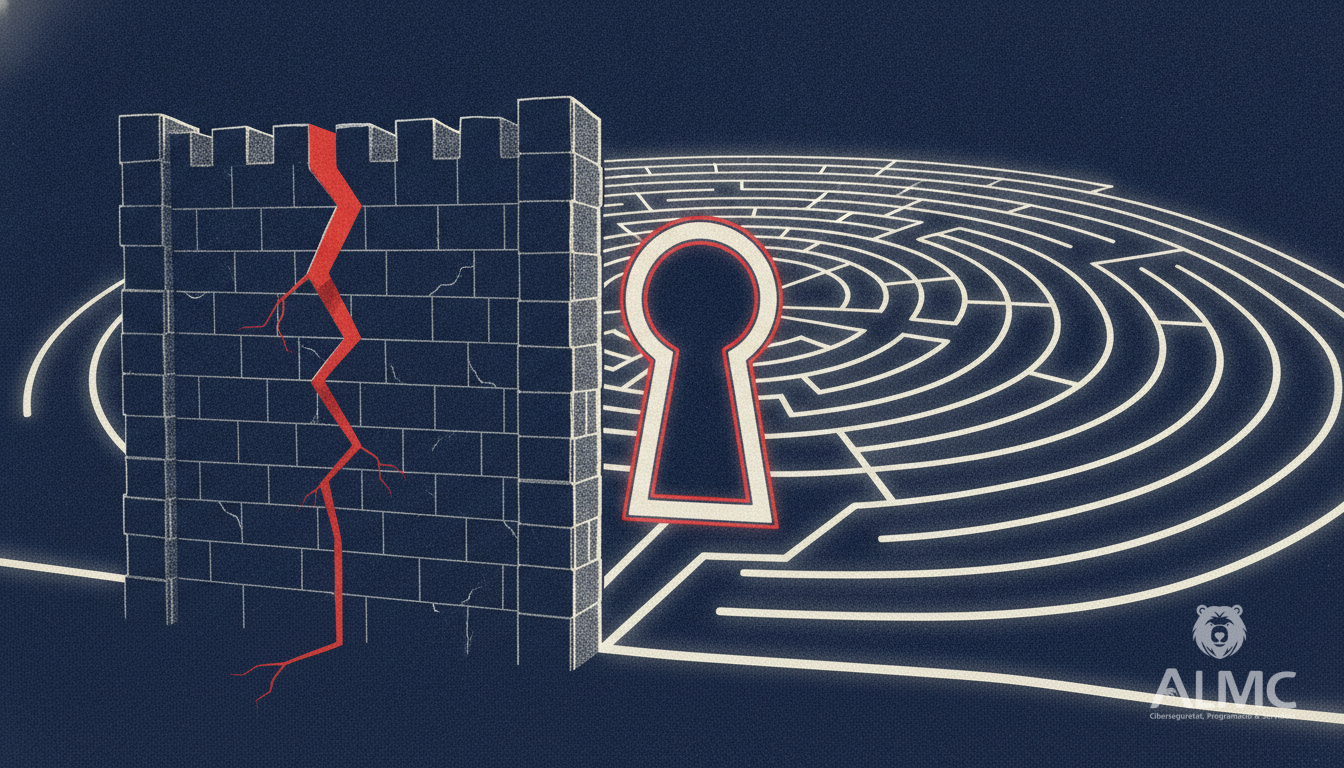 Fortress gate with crack and glowing keyhole symbolizing security vulnerabilities