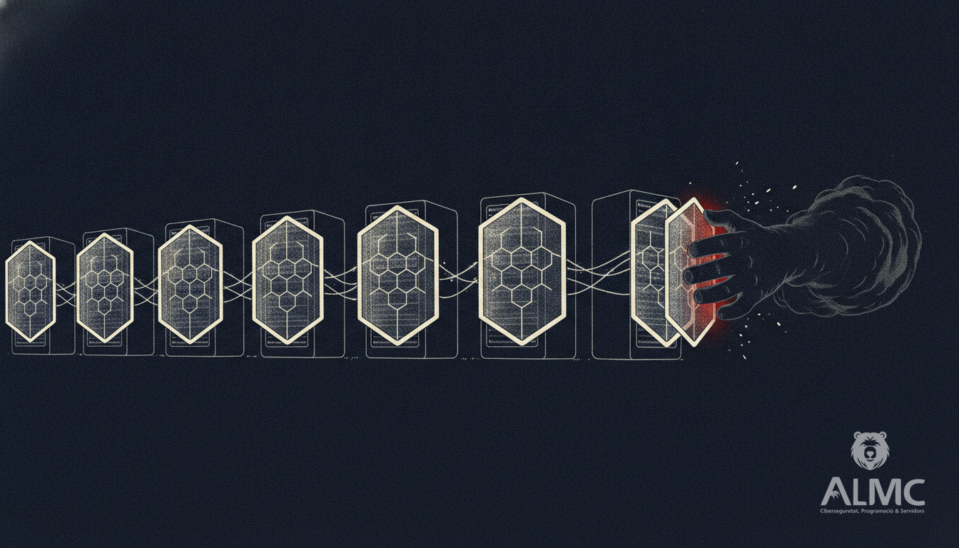 Server racks protected by linked shield panels repelling a malicious intrusion attempt