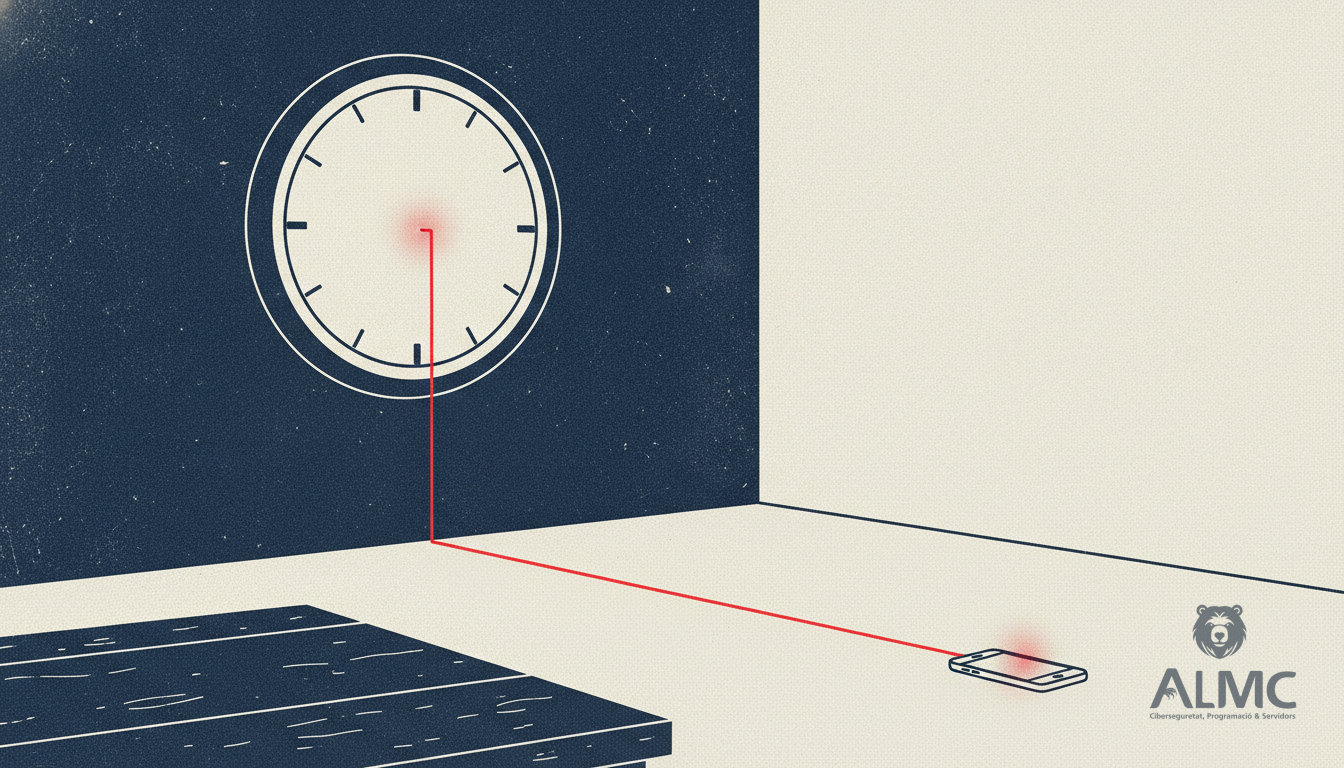 Punch clock connected by a glowing line to a smartphone, representing digital employee time tracking
