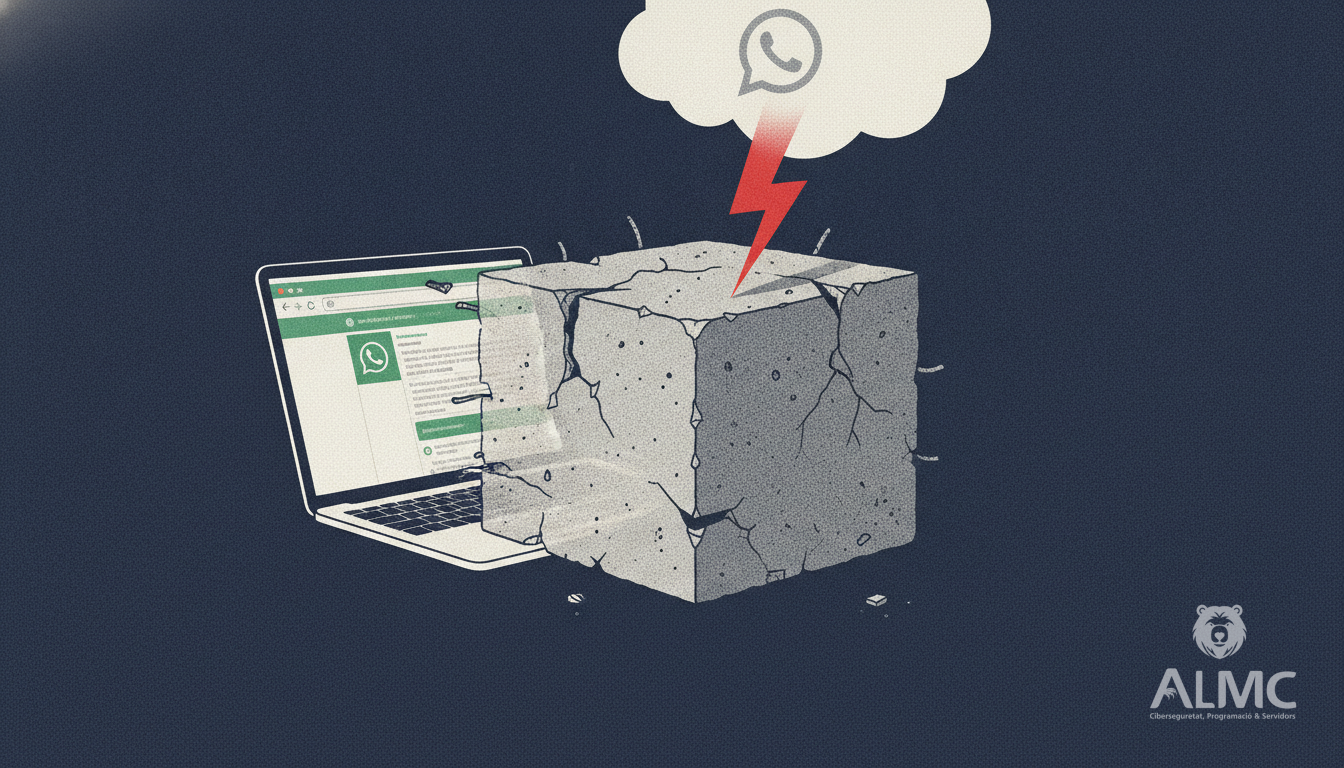 Portátil con WhatsApp Web transformándose en un bloque de hormigón.