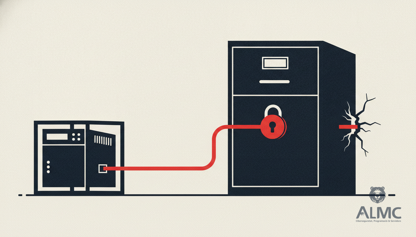 A server in an office rack with a network cable slipping through a wall towards a locked cabinet, illustrating an SSRF flaw