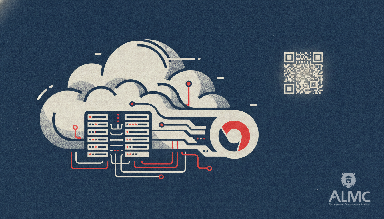 Icono de extensión de navegador transformándose en servidor en la nube con código QR.