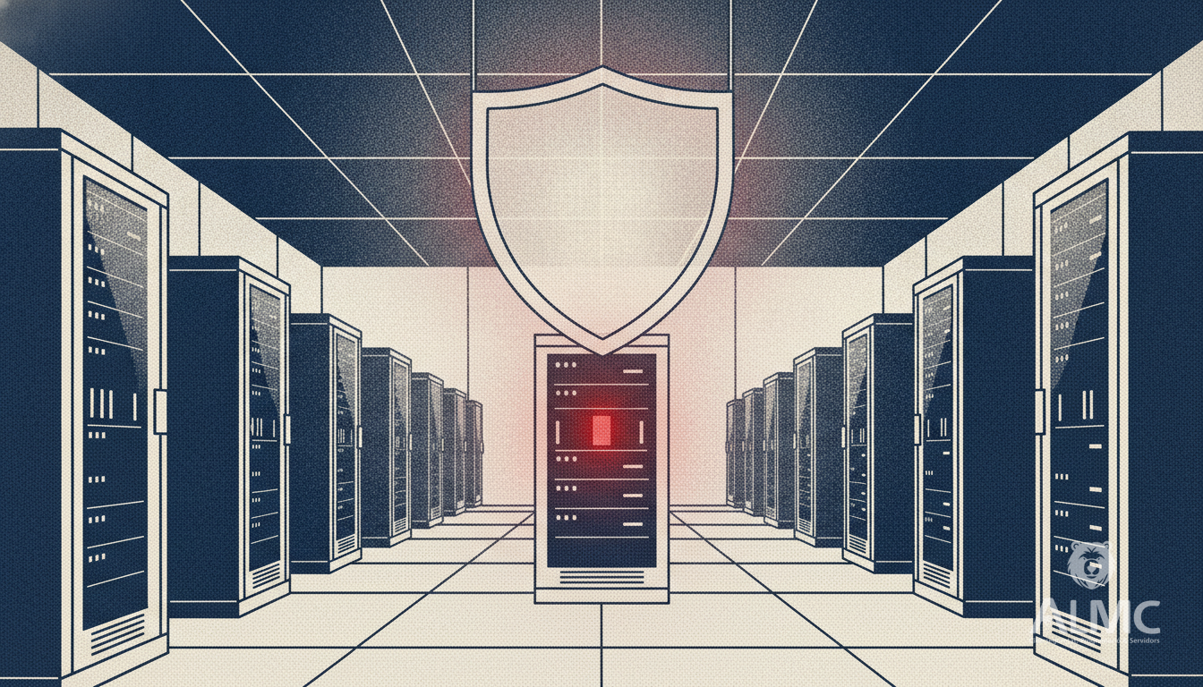 Server cabinet with red warning light and holographic shield protecting it