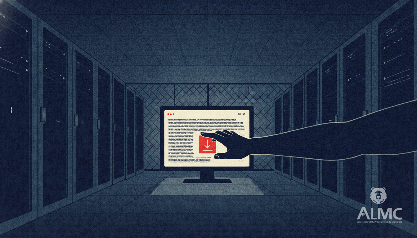 Illustration of a malicious fake code repository download in a server room