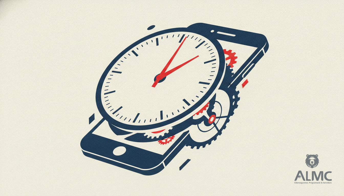 Un teléfono móvil transformándose en un reloj que marca segundos, simbolizando respuestas automáticas instantáneas.
