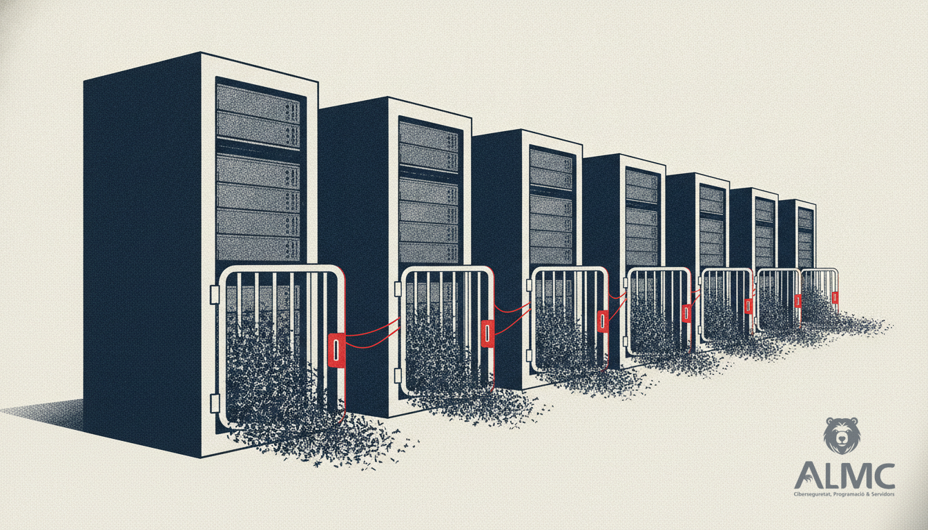 Metáfora visual de varios servidores con puertas que se cierran a la vez ante un enjambre de amenazas conectadas entre sí
