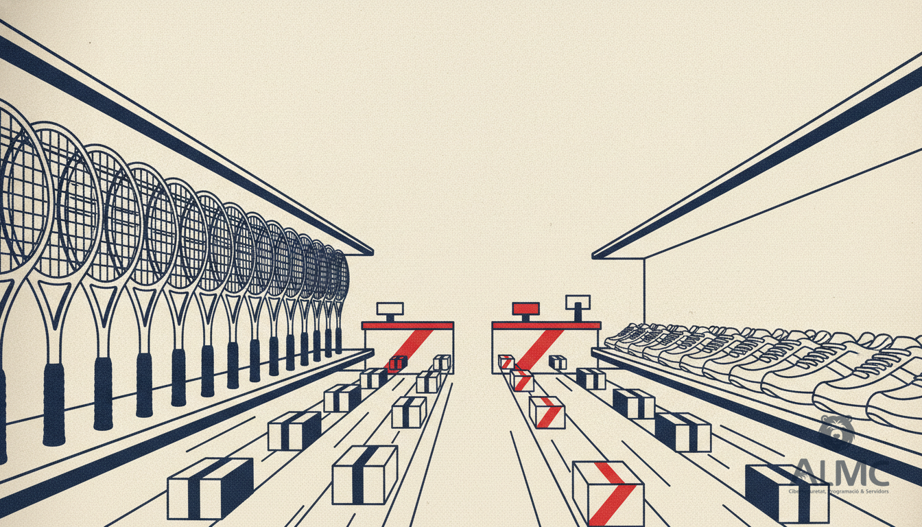 Estantería de tienda que se bifurca en dos pasillos, uno de raquetas y otro de zapatillas, con paquetes avanzando hacia una caja común
