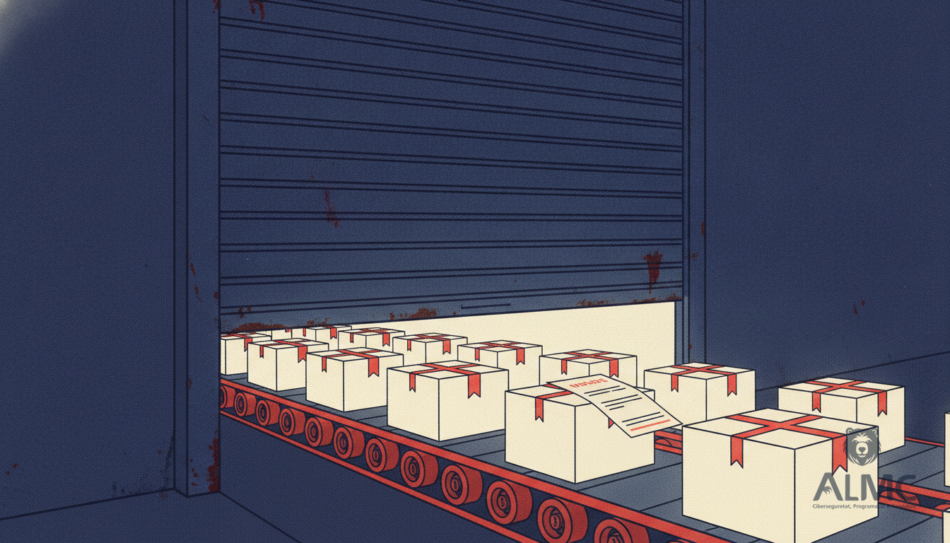Shop shutter opening onto a conveyor of parcels with an invoice, symbolising ecommerce readiness for VeriFactu