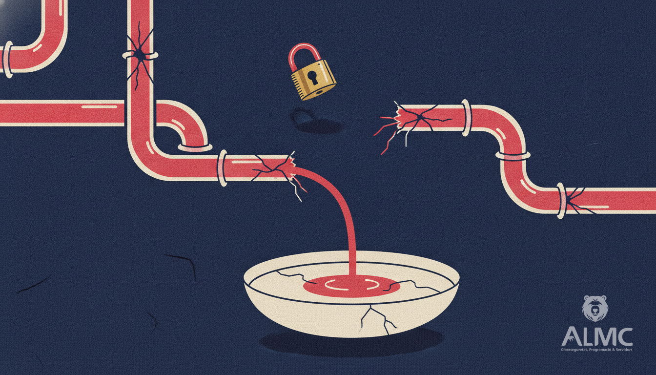 Metáfora visual de una fuga en una tubería de cristal que contamina un depósito compartido, ilustrando la vulnerabilidad del kernel Linux