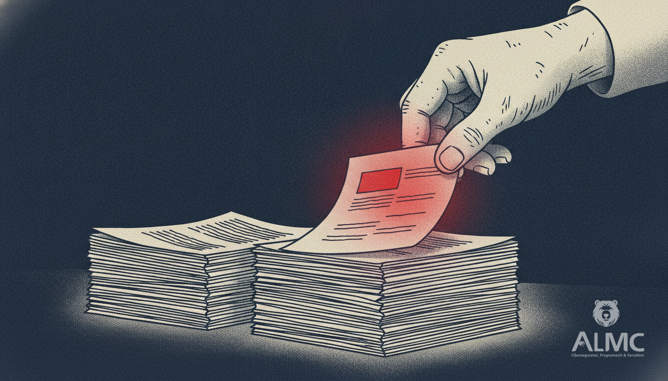 A hand pulling one glowing leaflet from a stack of identical pages, representing a website being cited by an AI answer